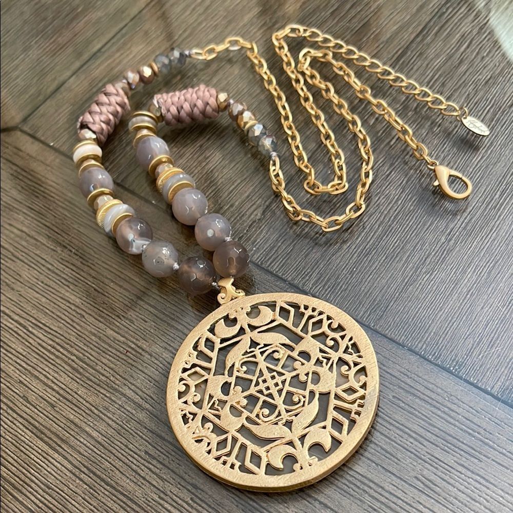 Matte Gold-tone Chain Grey Beads and Large Medallion